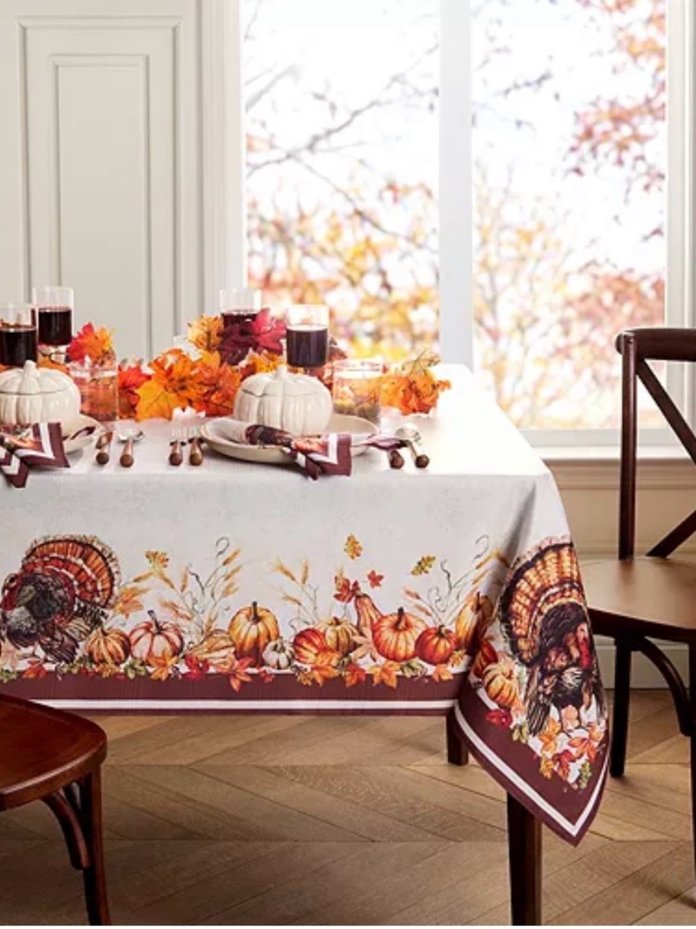Fall Harvest Thanksgiving Tablecloth - White with Orange Accent